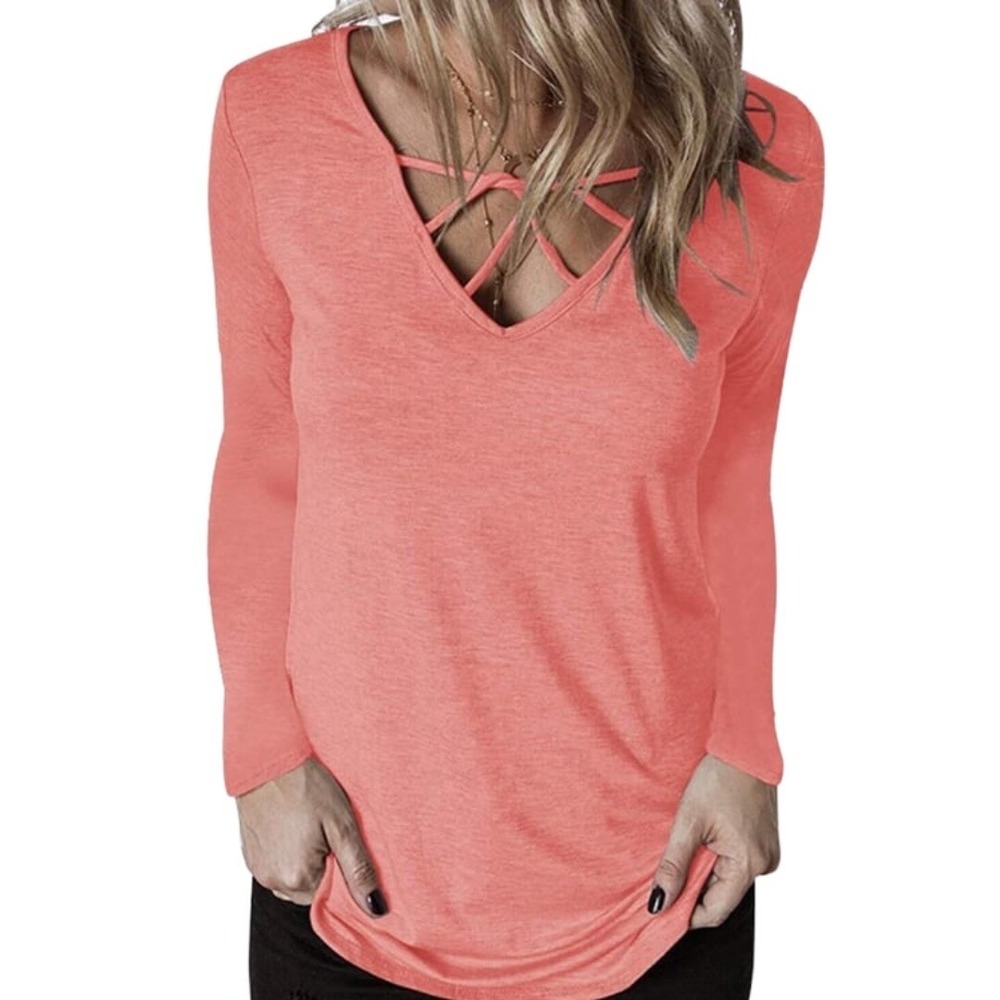 Womens Pink Coral Long Sleeve Summer Strappy V Neck Top Tee T Size L NEW NWT